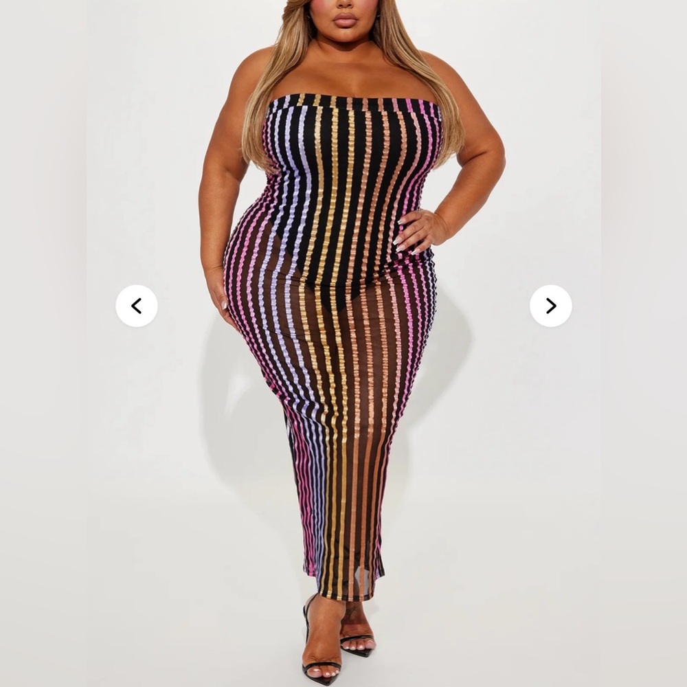 FashionNova Black Multi Color Stripe Tube Maxi Dress Plus 1XL Stretch Mesh Lined